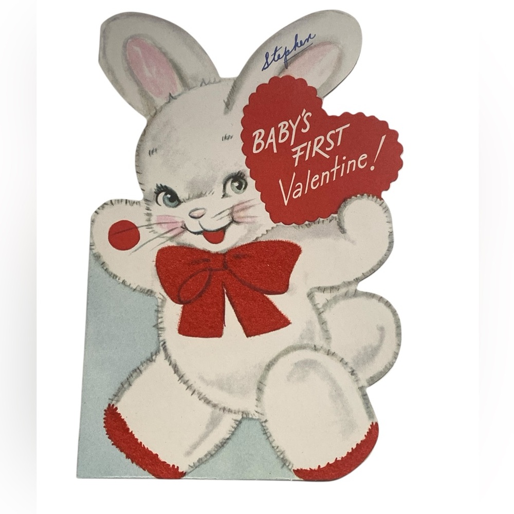 Vintage 1950’s Era Baby's First Valentine Card with Red Accents Bunny Rabbit